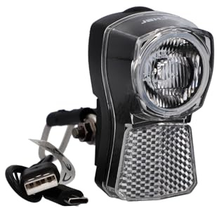 Fischer Phare Avant LED pour vélo 45/20 Lux, avec Batterie et Fonction de Charge USB, Look Dynamo, Protection Contre Les Projections d'eau Selon IP44, approuvé StVZO, Noir