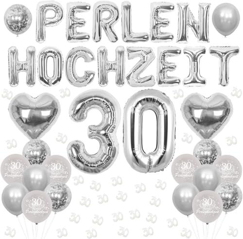 Cheereveal Perlenhochzeit Dekoration, 30 Perlen Hochzeit Luftballons Banner, Herz Folienballons, Silber Nummer 30 Konfetti, Alles Gute zum 30. Hochzeitstag Luftballons, Perlenhochzeit Deko für Paar