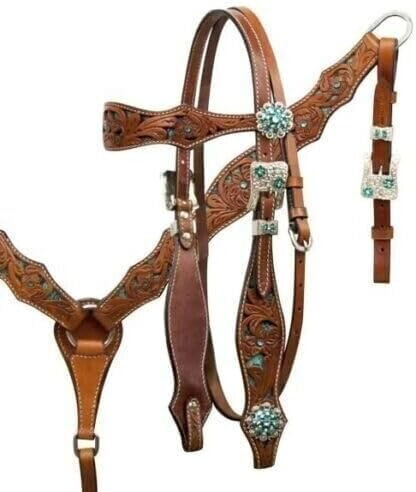 EQUIGEAR Western-Leder-Set mit handgefertigtem Kopfstück und Vorderzeug mit Zügeln. /Size-Full,Cob,Pony AV-03 (Full)
