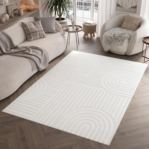 TAPISO Hygge Teppich Kurzflor Creme Weiß Streifen Kreise 3D Teppich Wohnzimmer Schlafzimmer ÖKOTEX 200 x 300 cm