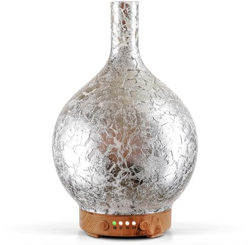 Porseme 150ml Glass Essential Oil Diffuser, Night Light Handmade Glass Ultrasonic Aroma Diffuser, 7 Color Changing Cool Mist Oil Diffuser with Timer, Waterless Auto-off for Home（Sliverplated）