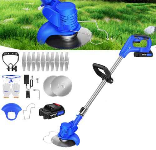 21V Akku-Rasentrimmer, Elektro Rasentrimmer Gardena mit 1 x 1.5Ah Li-Ion Akku und Ladegerät, Sicherheitsschutz und Rad zum Kantenschneiden, 10 x Metallklingen, 2 x Kreissägeblätter