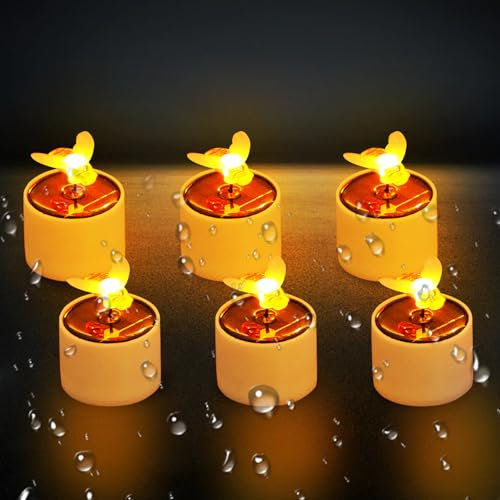 6 Stück Solar Teelichter für Außen,Solarkerzen Außen Wasserdicht Tisch Beleuchtung für Außenbereich, Flammenlose Outdoor LED Solar Teelicht,Flackernde Solar Kerzen für Draußen LED Teelichter (Biene)