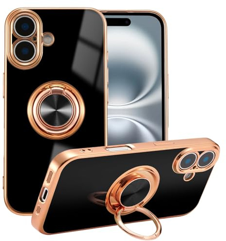 EYZUTAK Electroplated Magnetic Ring Holder Case for iPhone 16, 360 Degree Rotation Metal Anti-fall Finger Ring Kickstand Magnet Car Holder Slim Soft Silicone Shockproof Cover - Black