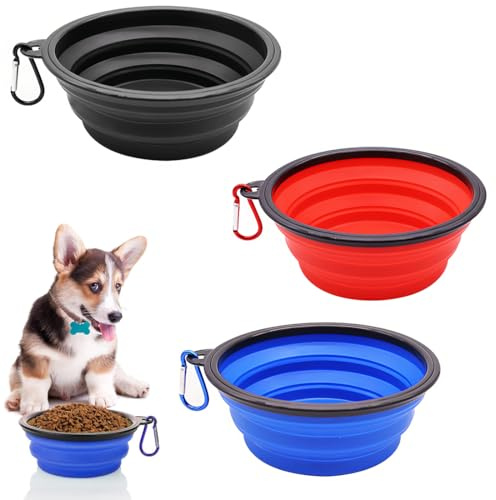 KOLZEMV 3 PCS Plegable Viajes Silicona Gatos Perros Bowl Portable Pet Food Cuenco de Agua, Alimentación a Través del Bebedero Portátil de Agua Potable con Gancho de Agua, Fácil de Llevar