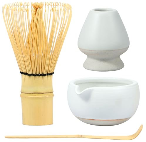 4Pcs Matcha Whisk Set Japanese Matcha Tea Set Including Ceramic Matcha Bowl Bamboo Matcha Whisk Scoop Ceramic Matcha Whisk Holder Reusable Matcha Making Kit Matcha Whisk Tool for Matcha Tea Making