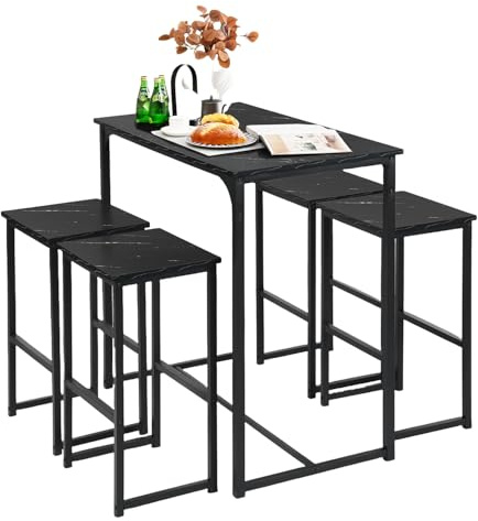 ZZINOKE Table de Bar avec 4 Tabourets, Table Haute Cuisine, Table a Manger avec 4 Chaises, Table Haute 100 × 50 × 90 CM, 4 Tabourets 30 × 40 × 65 CM, Noir