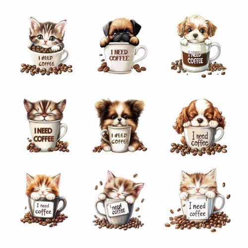 SUPERDANT 9PCS Coffe Dog Iron on Transfers Coffe Cat Heat Transfer Stickers DIY Iron On Decals Washable Heat Transfer Paper for Clothing T-Shirt Backpacks Bag Pillow Decor Applique