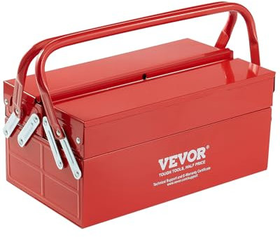 VEVOR Boîte à Outils Métal 355,6 mm, Caisse à Outils 2 Niveaux, Organisateur Coffre Outils Pliable 2 Plateaux, Couvercle Rabattable, Poignée, Trou de Verrouillage, pour Atelier Réparation Usine Maison