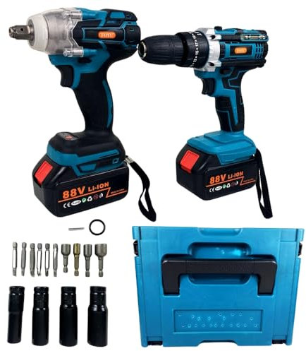 kit Trapano a Percussione e Avvitatore a impatto senza fili, Doppia Batteria, Avvitatore a Impulsi Senza Spazzole,1 Caricabatterie, Valigetta con Accessori, Controllo del Cambio a 2 velocità