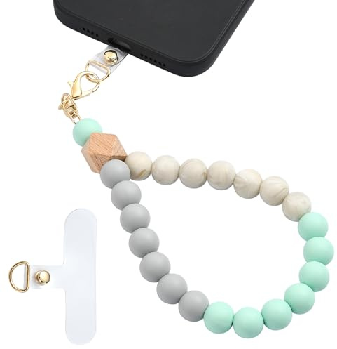 LEGENTLISUR Silicone Beaded Phone Wrist Strap Cellphone Lanyard with Tether Tab Elastic Hands Free Phone Bracelet Strap Charms Chains (Turquoise)