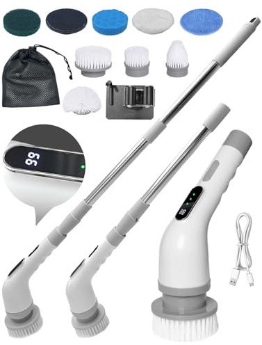 Lorrtta Electric Spin Scrubber and Cleaning Brush, Cordless Rechargeable Scrubber with 8 Replaceable Heads, Adjustable Extension Handle, IPX6 Waterproof for Bathroom, Kitchen, Tiles and Car Cleaning