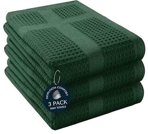 HEIRLOOM COMFORT 3 Pack Waffle Weave Kitchen Towels, 40x66 cm, 100% Cotton, Absorbent Dishcloth Set, Quick Dry, Soft for Cleaning, Wiping, Hand Towels, Dish Rags, Wash Cloth, Durable, Forest Green