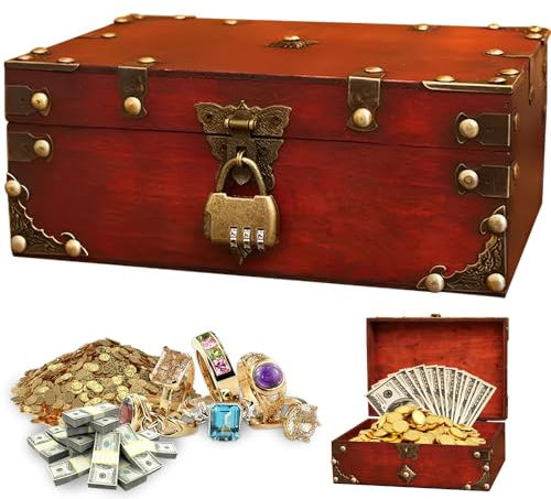 Schatztruhe Holz Vintage, Schatzkiste Holz, Schatztruhe Kindergeburtstag, Vintage HolzSchatztruhe mit Schloss, Schatztruhe mit Zahlenschloss, Piraten Schatztruhe Kinder für Aufbewahrung Dekoration