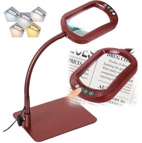 Veemagni 10X Rectangle Magnifying Glass with Light and Stand, Flexible Gooseneck LED Lighted Desk Lamp, 5 Color Modes Stepless Dimmable, Hands Free Magnifier for Reading Painting Close Work - Red