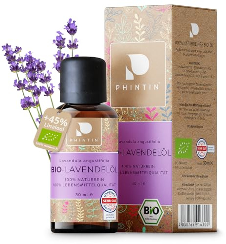 PHINTIN BIO Lavendelöl 30 ml | ätherisches Öl LEBENSMITTELECHT | 100% NATURREIN, Hochdosiert, Ätherisches Öl, Für Diffuser Haut Haare & Wäscheduft