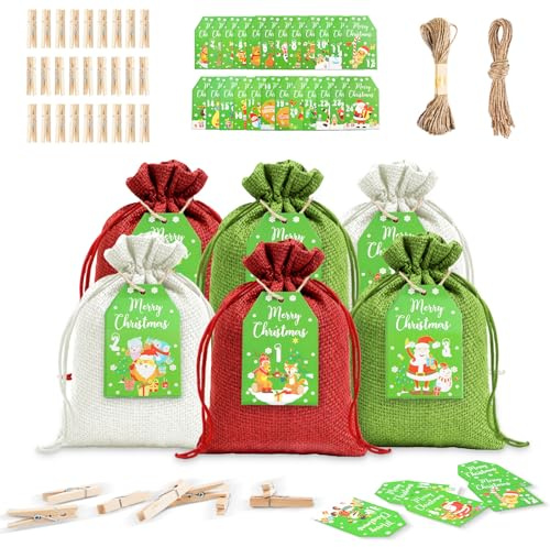 24 Pièces Calendrier de l'Avent a Remplir, 14 x 10 cm Calendrier de l'Avent Vide a Remplir, Pochette Calendrier de l'avent DIY Cadeau Decoration, Sachets en Tissu pour Enfants Adultes