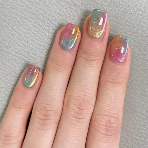 24Pcs Short Press on Nails Square, Gradient French Tip Fake Nails, Reusable Full Cover Acrylic Nail Kit for Women Girls Nail Art Accessories，Glossy Stick on Nails for Women in 12 Sizes