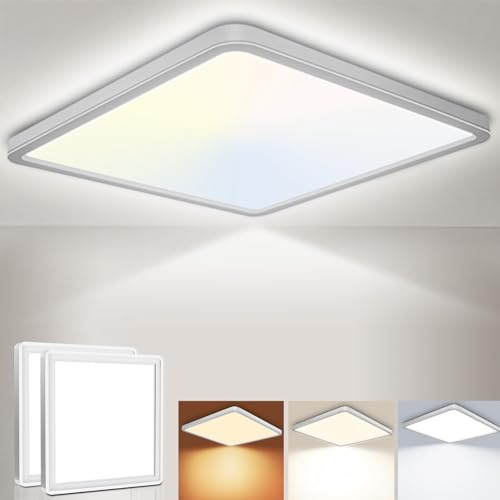 Fynokst LED Deckenleuchte 24W 6000K/4000K/3000K, 3200LM IP54 Ultra Dünn Deckenlampe, Flach Quadrat Modern Badezimmer Lampe Küchenlampe für Flur Schlafzimmer Balkon Wohnzimmer Ø30CM, Weiß 2Stücke