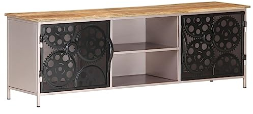 HETFTJN TV Lowboard 120x30x40 cm aus rauem Mangoholz und Eisen Massivholz Fernsehtisch mit echten Fahrradkettenrad Türen Modernes Sideboard ohne Montage für Wohnzimmer Büro Flur