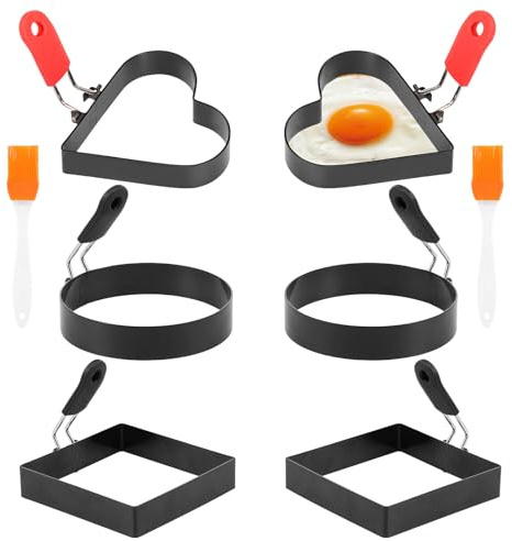BAODBF 8 stampi per uova fritte in acciaio inox, per padella, pancake con manici pieghevoli e pennello in silicone, rivestimento antiaderente per uova fritte, panini, pancake, polpettone