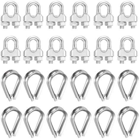 sourcing map Juego de 12 abrazaderas de clip de cable de cuerda de alambre de 1/4 pulgadas M6 pequeñas de acero inoxidable 304 con dedal para aparejo seguro, tendedero de valla de línea marina, color