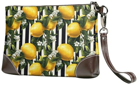 GVYGVY Petit sac à main pour femme – Portefeuille portable en cuir avec dragonne et imprimé citrons à rayures noires et blanches