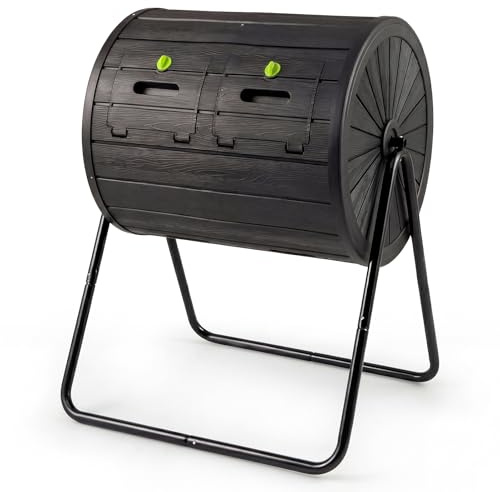 GOPLUS Composteur de Jardin Rotatif à 360° Exterieur, Bac à Compost en PP à Double Chambre 142L, 2 Portes Verrouillables et Support Métallique, 2 Pales Mélangeuses pour Compostage Rapide, Terrasse