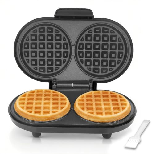 AshGlen Mini Waffeleisen Doppel für Kinder, Elektrische Waffelmaschine mit 2x10cm Runden Antihaftplatten, 2 Keto Chaffle Waffeln, Kleiner Waffelautomat,Graphit