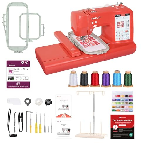 PooLin EOC05 máquina de bordar - Rojo - Máquina de bordar electrónica – Pantalla LCD táctil de 7, marcos de 10×10 cm y 10×23,5 cm, importación de motivos USB/Wi-Fi, ideal para principiantes y