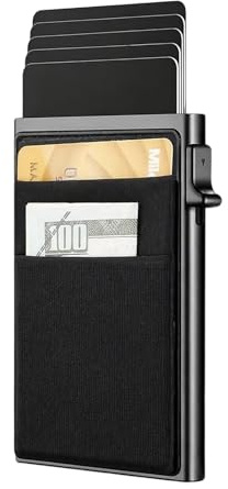 Porte-cartes pour homme - Protection RFID - Porte-cartes pop-up fin avec compartiment à pièces de monnaie - Petit portefeuille pour 1 à 6 cartes et billets - Noir