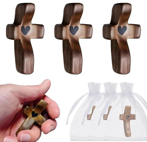 XFSRG 3 Piezas Cruz de Bolsillo Madera Cruces Bolsillo para Oración Pequeña con Corazón Cruz Antiestrés de Madera para Iglesia Pascua y Recuerdo (Nogal Negro)