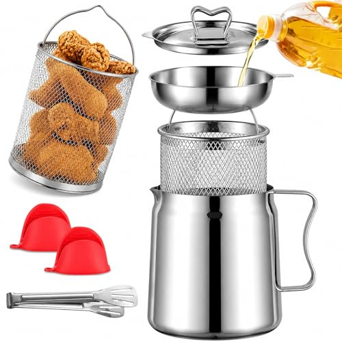 Marmite à Friture 2-en-1 en Inox 304 avec Panier, Pichet Filtre à Huile 2L, Mini Friteuse Induction et Récipient pour Graisse de Bacon, Idéal Cuisine et Camping (2L)