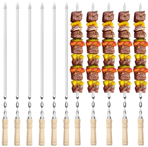 10Stück Grillspieße Edelstahl, 55cm Schaschlikspieße Set für Fleisch Gemüse | Wiederverwendbar Fleischspieße mit Holzgriffe, Flache BBQ Spieße, Metallspieße für Lagerfeuer oder Grillschale, Grillzubehör