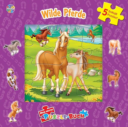 Phidal Wilde Pferde Mein erstes Puzzle-Buch - Rätselbuch für Kinder – 10-seitiges wattiertes Pappbilderbuch, 5 Puzzles zum Spielen und Lernen