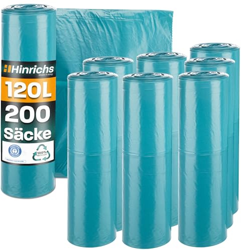 Hinrichs Müllsäcke 120L extra Stark - 8x 25er Rolle - 70x110 cm - Extrem reißfeste Müllbeutel - Mülltüten aus Recycling LDPE - Blaue Säcke - Abfallsäcke für Garten, Haushalt & Baustelle