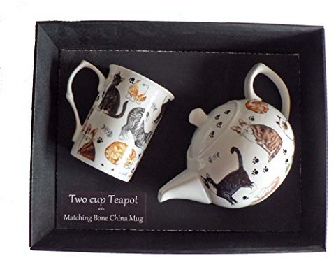 Cat Teapot and bone china mug gift set - Porcelain teapot, with bone china mug decorated with various cute cats in gift boxed package