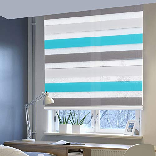 Laneetal Doppelrollo ohne Bohren Klemmfix, Duo Rollo Seitenzugrollo mit Klämmträgern, Sicht und Sonnenschutz für Fenster Tür Wand, lichtdurchlässig u. Verdunkelnd (Weiß+Grau+Türkis, 90 x 150 cm)