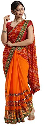 Nitimatta Sari pour femme avec chemisier ethnique indien cadeau de mariage, rouge/orange, décousus