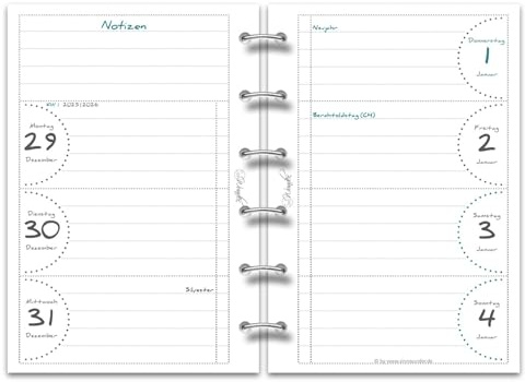 SinnWunder®2026 Premium Wochen-Kalendereinlagen - 1 Woche auf 2 Seiten und gratis ToDo-Listen - Größe Pocket mit Filofax-Lochung - PureSinn