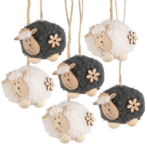 Logbuch-Verlag 6 Osteranhänger Schafe grau weiß Schäfchen aus Plüsch und Holz Ostern Deko zum Aufhängen 7 cm