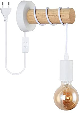 Wandlampe Vintage mit Schalter und Stecker industrielle Wandleuchte aus Metall und Holz Leselampe E27 Nachtlicht Innen Wandstrahler Wandspot Retro für Schlafzimmer Wohnzimmer Flur Küche (Weiß)