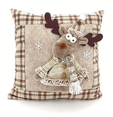 heimtexland ® Dekokissen Bezug Weihnachten Filz Plüsch 3D Deko Kissenhülle mit Applikation Weihnachtsdeko Kissen Typ832 Elch