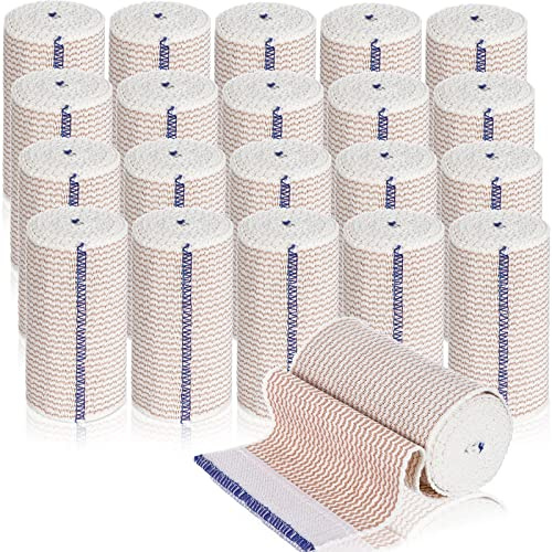 Reginary 20 Pack 4 Inch Elastic Bandage Wrap with Self Closure on Both Ends Athletic Stretchable Compression Bandage for Legs, Knees, Ankles, Wrists, Elbows, Shoulders (Blue Trim)