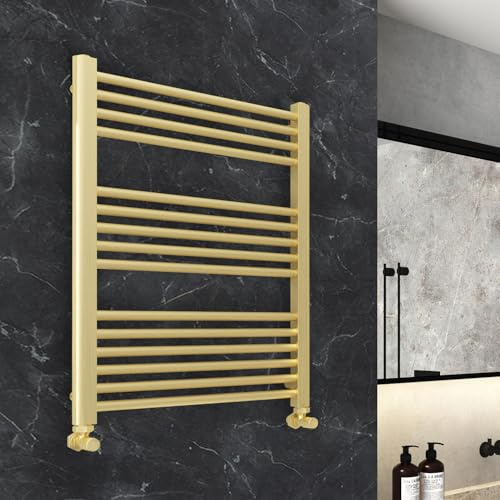 600mm (w) x 800mm (h) Straight Brushed Brass Heated Towel Ladder Rail Bathroom Radiator - 1624 BTUs