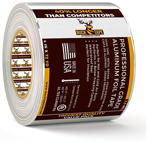 Buck Aluminum Foil Tape – 4 Inch x 216ft (72 yd), 3.6 Mil – HVAC Tape for Ductwork, AC, Dryer Vents & Insulation – Silver Foil Tape for Metal Repair, Exhaust Sealing & Air Conditioning (1 Pack)