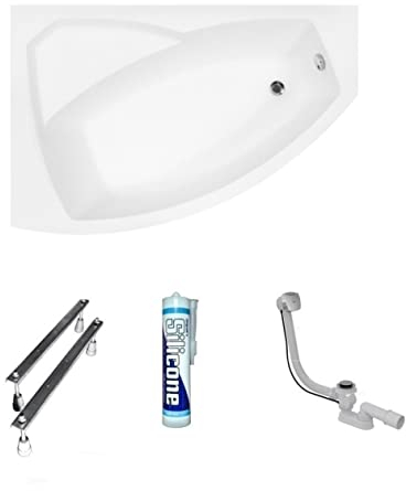 ECOLAM® Badewanne Eckbadewanne Acryl Rima weiß 160x100 cm LINKS Ablaufgarnitur Ab- und Überlauf Automatik Füße Silikon Komplett-Set