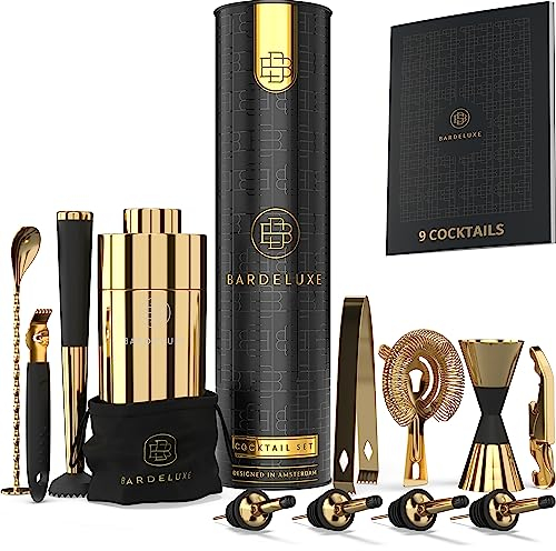 BarDeluxe® Kit Barman da 12 Pezzi, Kit Barman Completo | Shaker Cocktail da 750 ml | Set Cocktail Professionale, Kit Cocktail, Set Barman | Cocktail Set, Include Elegante Confezione Regalo(Oro)