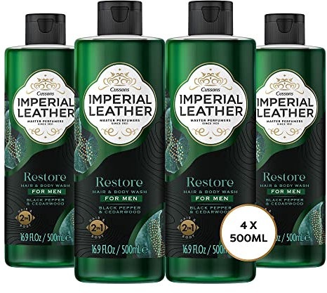 Imperial Leather Men Restore Shower Gel 2in1 Body Wash, Black Pepper and Cedarwood, Vegan and Cruelty Free, Bulk Buy, Pack of 4 x 500 ml