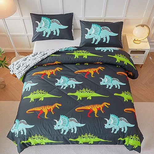 RYNGHIPY Dinosaurie sängkläder set drottning storlek dinosaurie barntäcke set för pojkar flickor mjuk andningsbar söt dinosaurie säng set för alla årstider (svart, drottning)